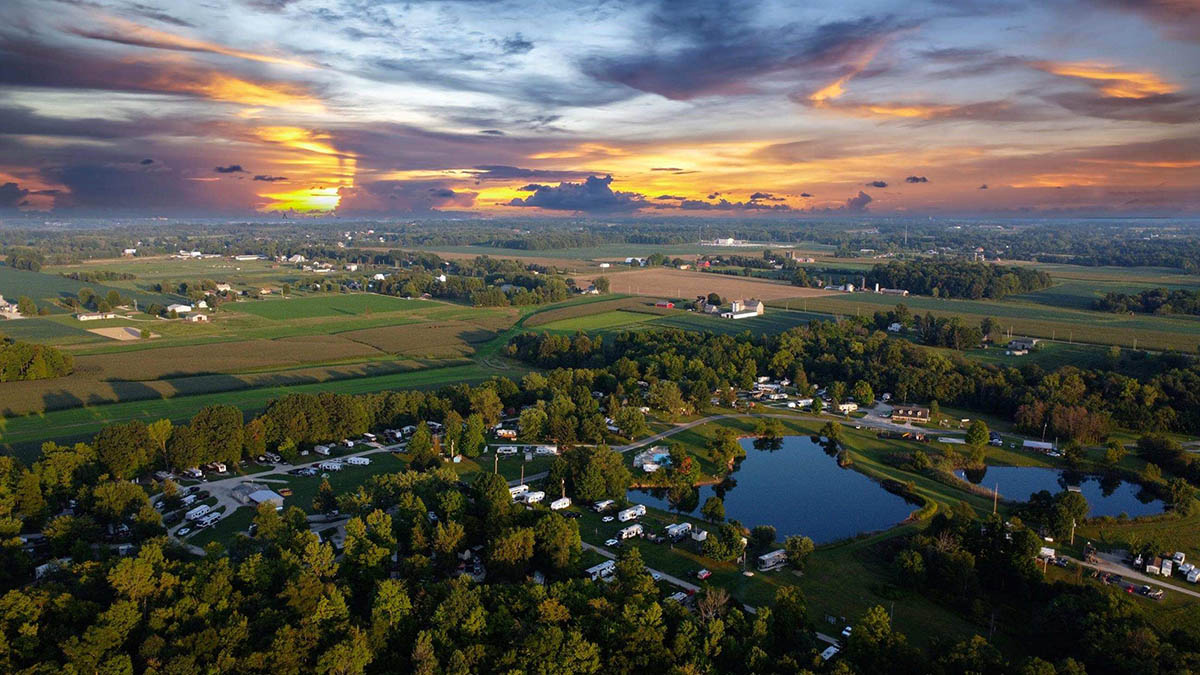 Aerial view of Maple Lakes Campground during a late summer sunset in Seville, Ohio